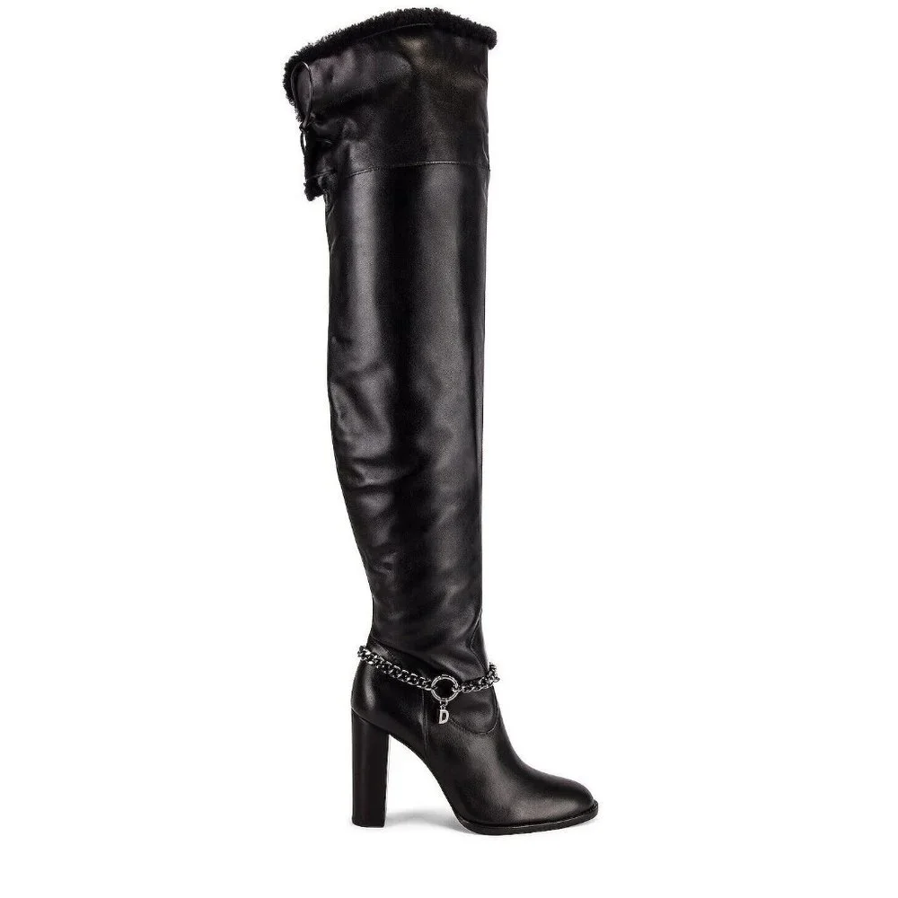 Dundas x Revolve Kate Boots Black Leather Fur Chain